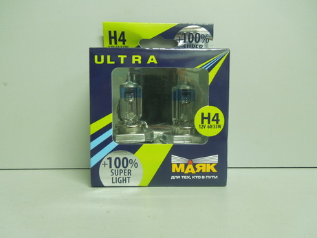 Лампа фар H4 12V-60/55W P43t  +100% "Маяк Ультра"