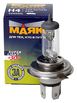 Лампа фар H4 12V-60/55W P43t Super Light +30% Маяк