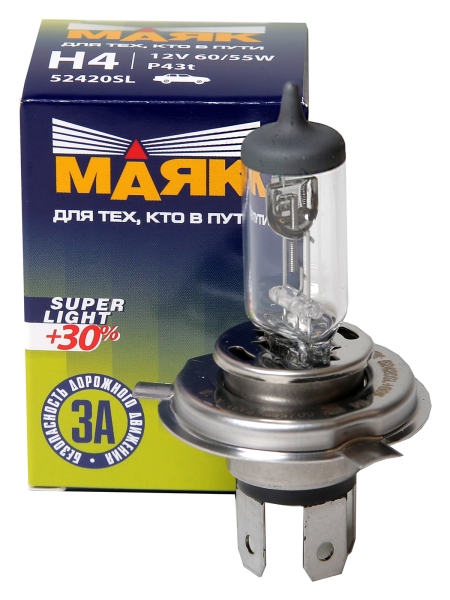 Лампа фар H4 12V-60/55W P43t Super Light +30% Маяк