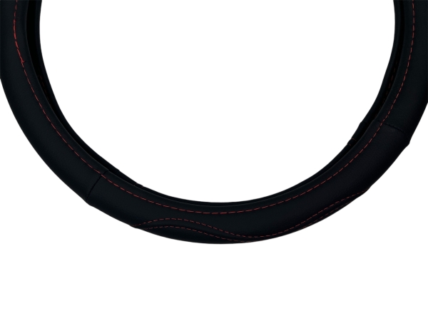 Оплетка на руль 370-390 мм экокожа (черная простроченная красной нитью) KURUMAKIT